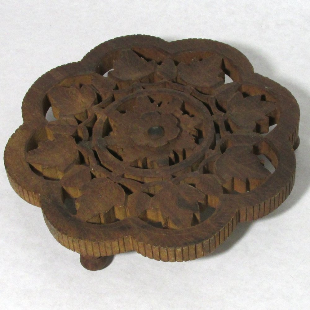Teak Wood Carved Flower Filigree Design Trivet